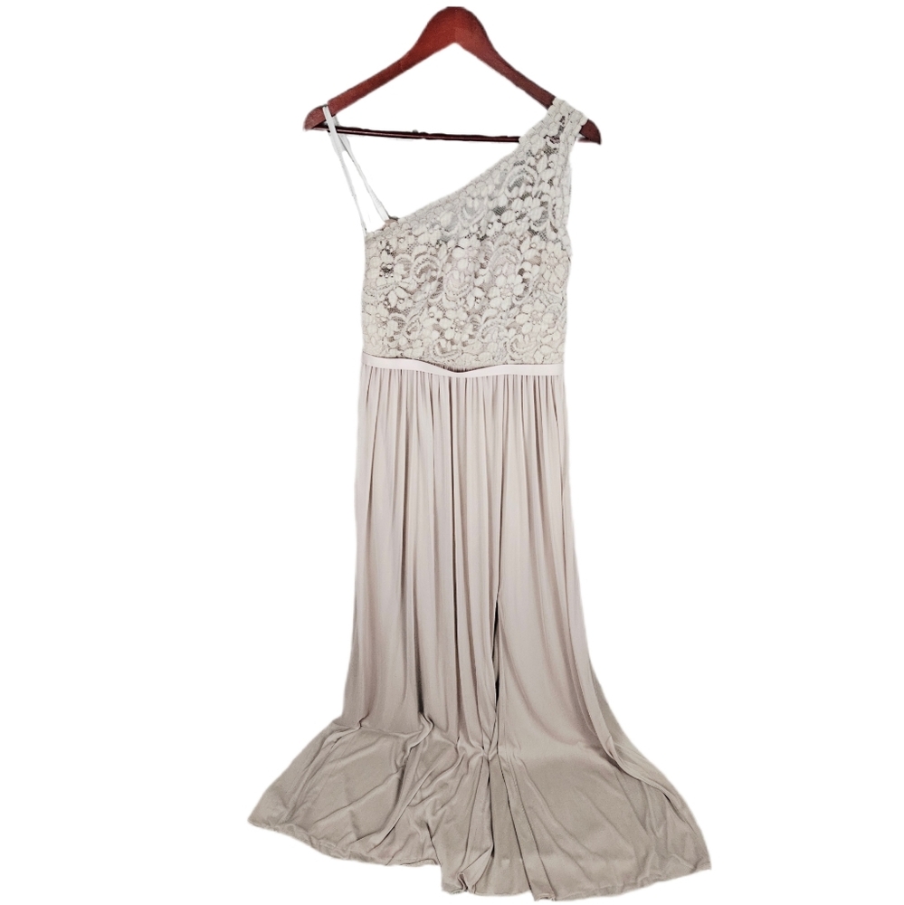 DAVID'S BRIDAL | lace one-shoulder bridesmaid dress in biscotti
